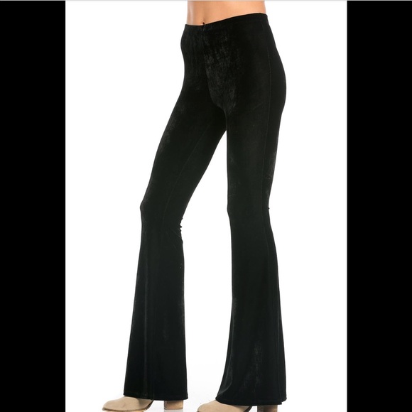 Black velvet bell bottom flare pant stretch velour vintage festival rave club - Picture 1 of 1